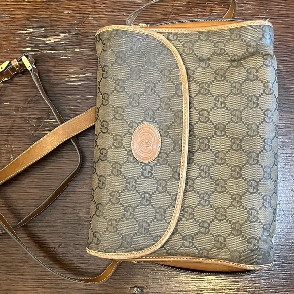 Vintage Gucci small Crossbody canvas tote bag. Brown w/ brown leather accents. - Picture 7 of 8